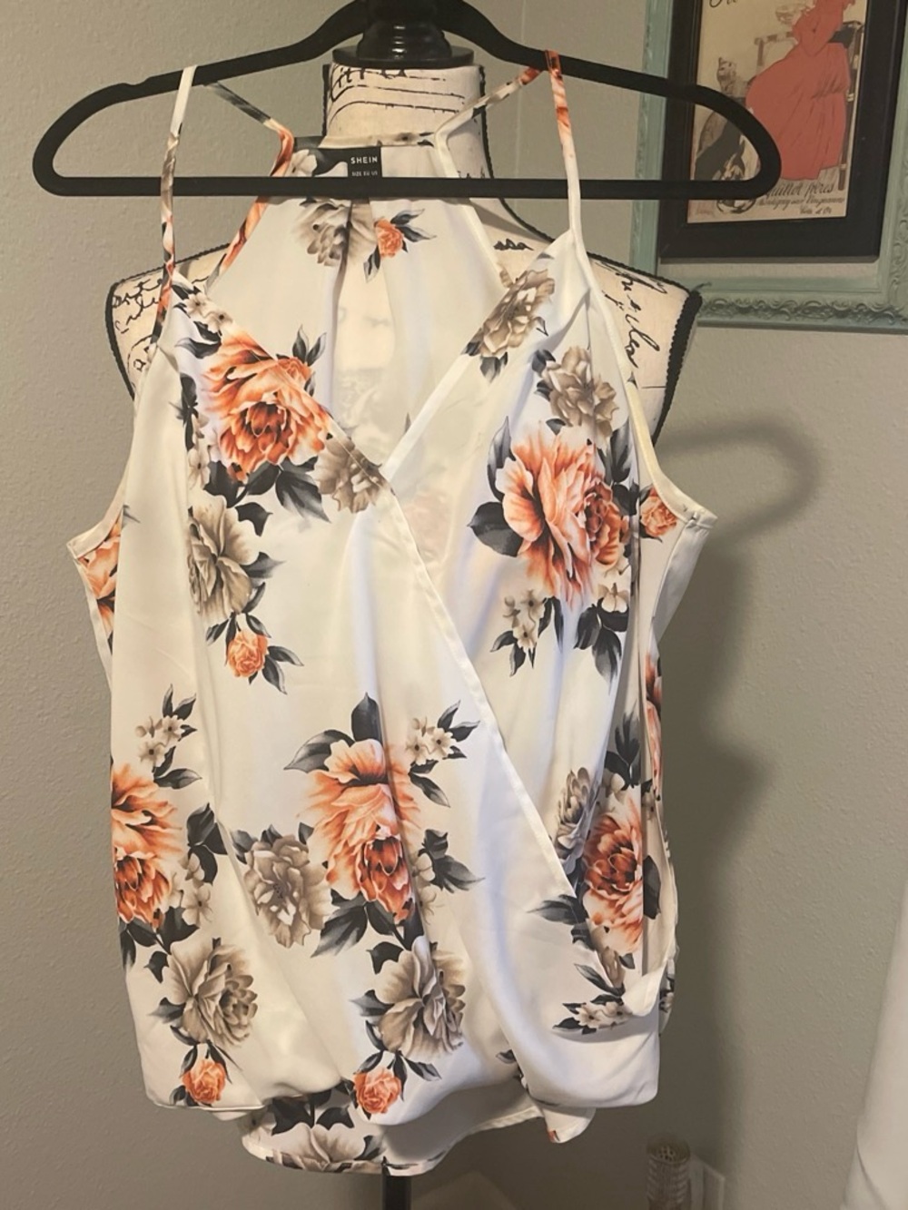 SHEIN White Halter Floral Camisole with Peach Blooms